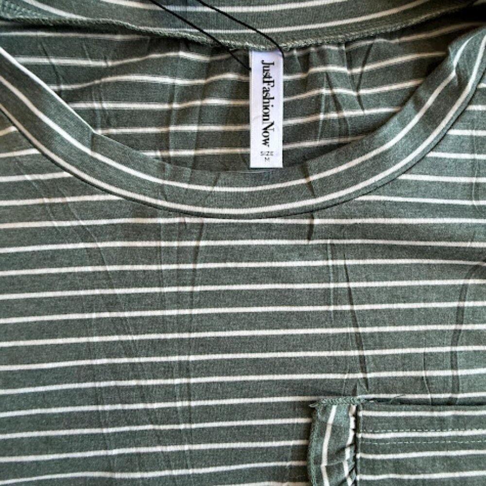 NWT Olive Green Striped Ruffle Sleeve Tee Womens Casual Pocket Top Size M - Picture 4 of 13